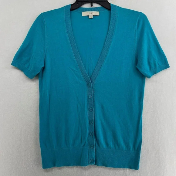 Loft Cardigan Women's Sz S Blue Turquoise Knitted Button-Up V-Neck Short Sleeve - Picture 1 of 12